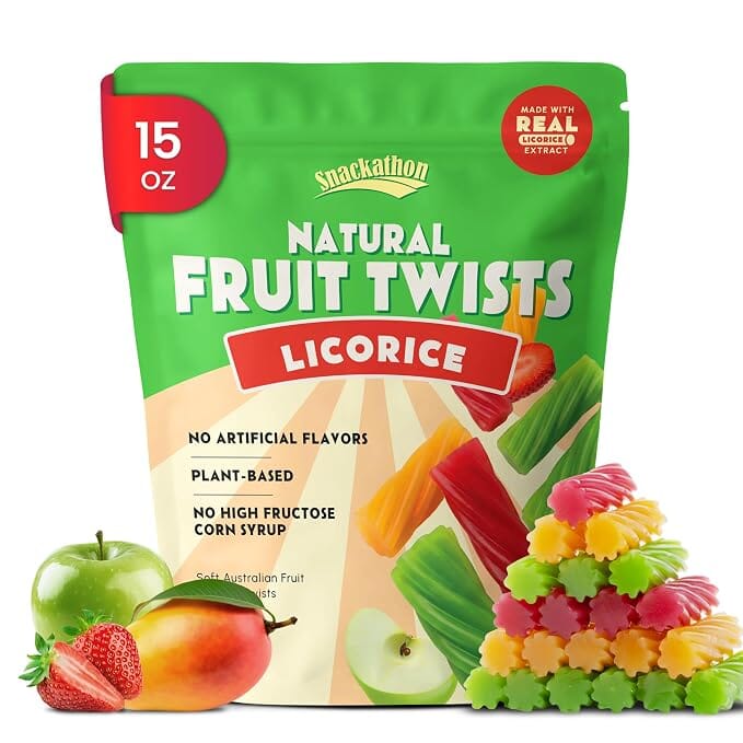 Snackathon Australian Licorice Candy, Mixed Fruit Flavors, Soft & Chewy Gourmet Licorice Twists