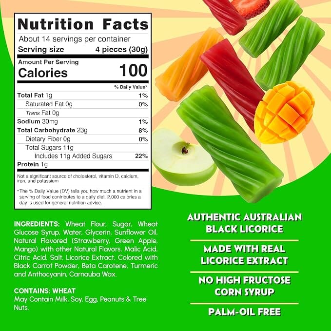 Snackathon Australian Licorice Candy, Mixed Fruit Flavors, Soft & Chewy Gourmet Licorice Twists