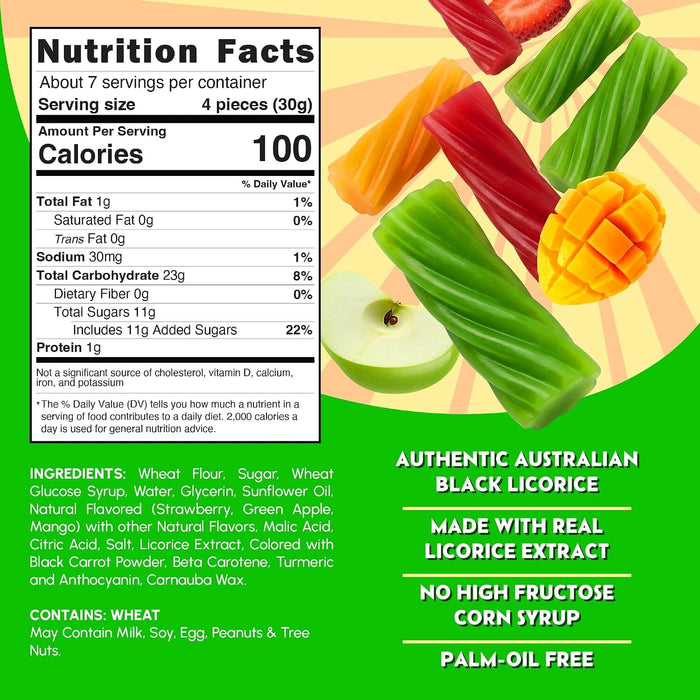 Snackathon Australian Licorice Candy, Mixed Fruit Flavors, Soft & Chewy Gourmet Licorice Twists
